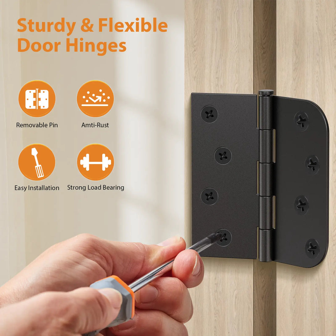 4 Inch Black Door Hinges with Square & 5/8" Radius Corners