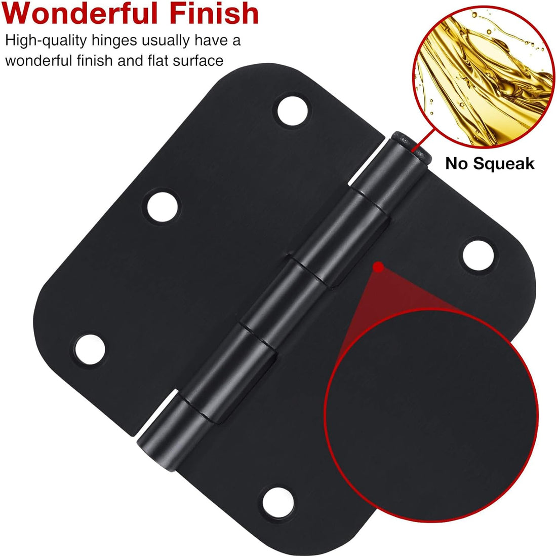 No Squeak Black Door Hinges with 3.5 Inch & 5/8" Radius Corners, Enhanced with Damping Oil