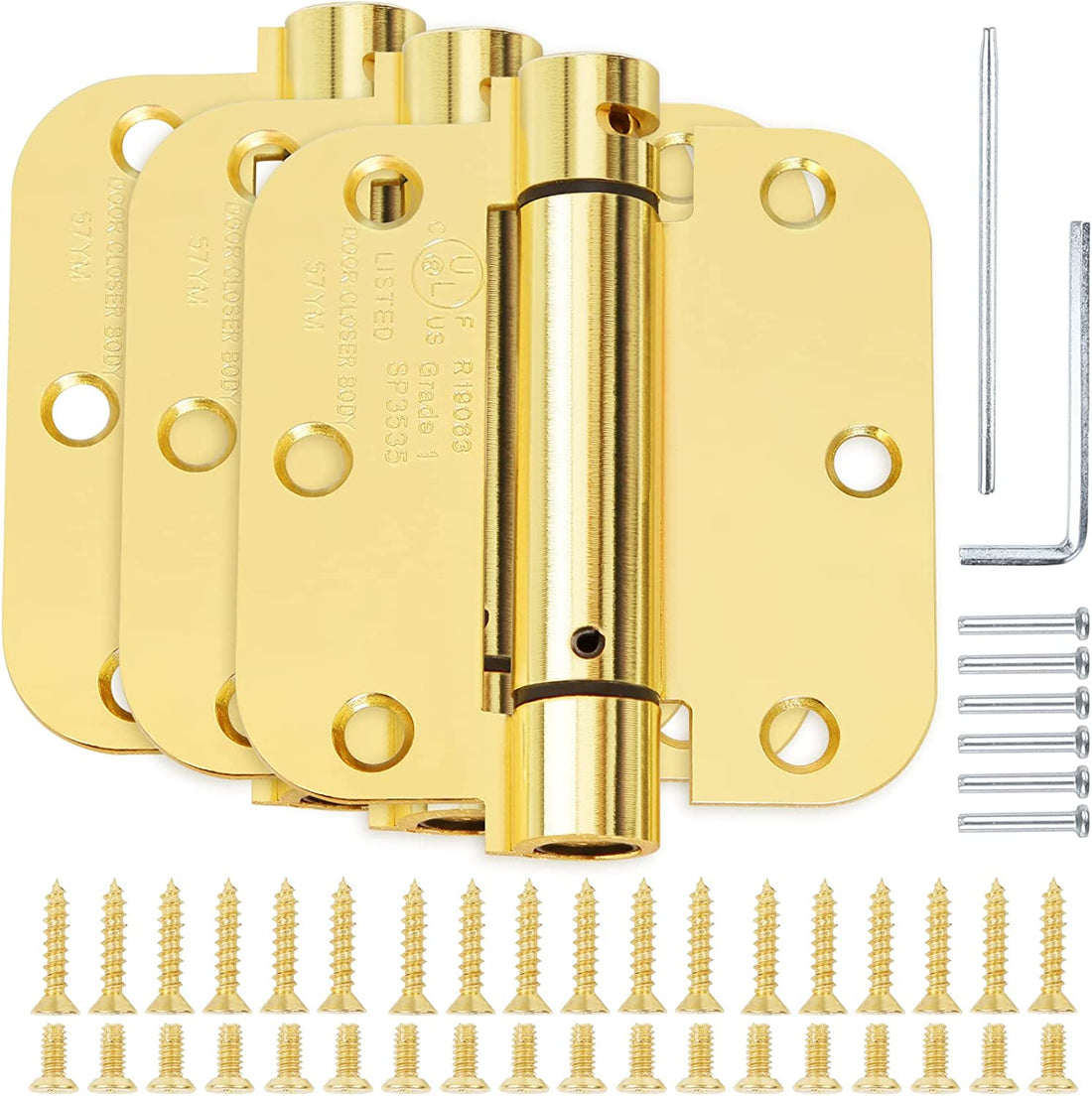 3 Pack 3.5 x 3.5 Inch 58 Radius Polished Brass Self Closing Door Hinges